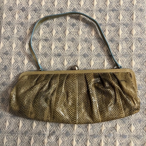 Francesco Biasia Olive Green Snakeskin Clutch Rhinestone Kiss Lock Golden‎ - Picture 2 of 12